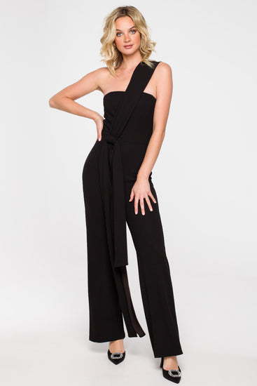 Black Jumpsuit with Sash and Flared Legs