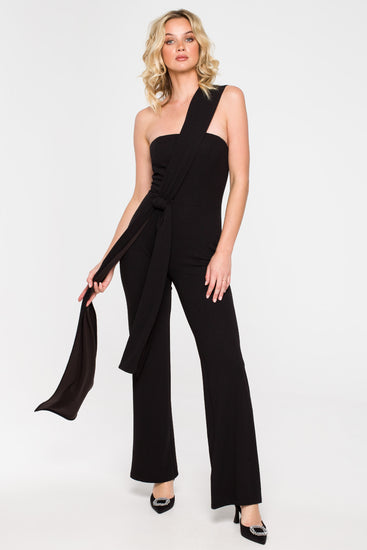 Black Jumpsuit with Sash and Flared Legs
