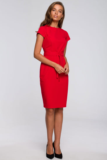 Red Pencil Dress with Tie Belt